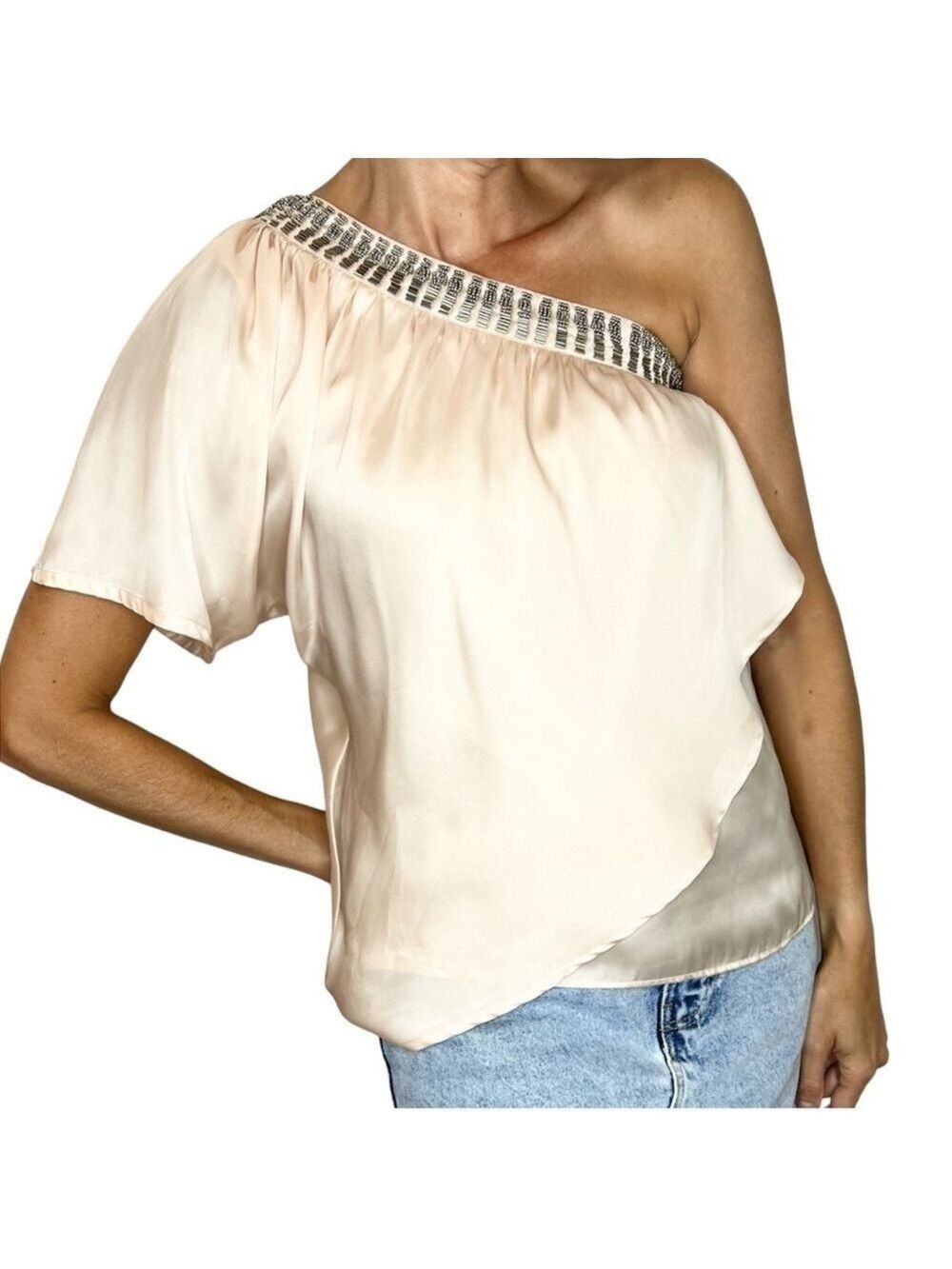 BEDO Femme blush satin beaded neckline one shoulder top S